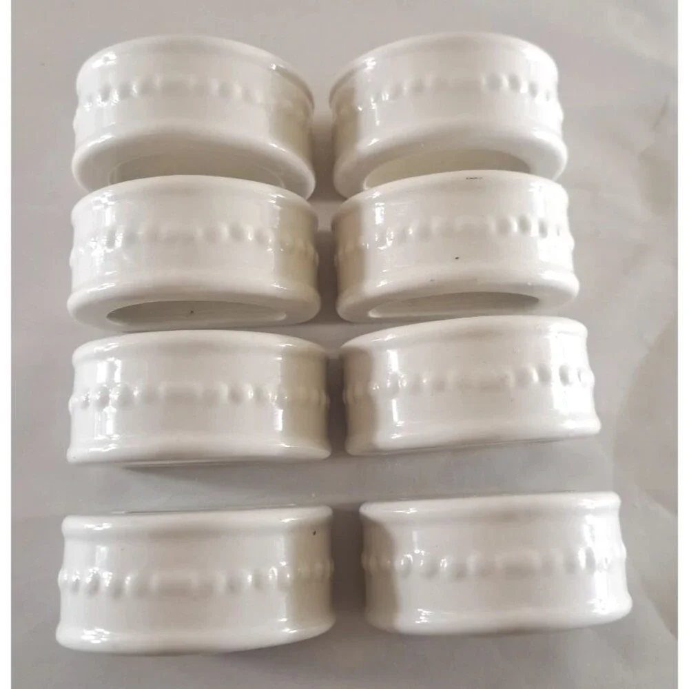 Vintage Beaded Napkin Rings White Ceramic Set of 8 Retro Dinner Party Modern
